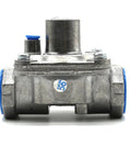Metal propane regulator with blue end caps and 1/2"-14NPT inlet/outlet connections.