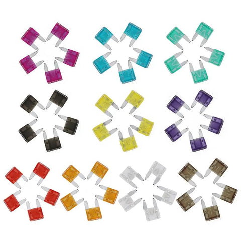Assorted color-coded mini car blade fuses arranged in circles, 120 Pcs Mini Car Blade Fuses Kit For Cars Vans Bikes Trucks Boats And SUVs 2A To 35A Auto Fuse Assortment Pro Grade Zinc Alloy Construction Insulating Plastic For Safe Electrical Wiring And Quick Replacement.