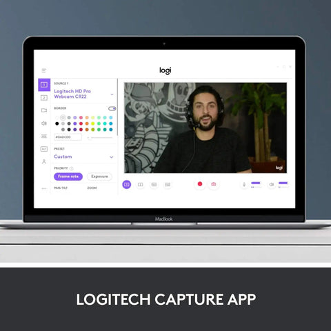 User interface of Logitech Capture App showing video feed from Straight Fire Top Tier HD Webcam Featuring Quick Release Privacy Shutters 1080P.