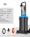 Heavy Duty Air Powered Grease Pump With 20 Liter Tank And 80 To 1 Pressure Ratio, featuring gauges and quick flow hose.
