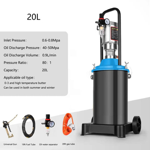 Heavy Duty Air Powered Grease Pump With 20 Liter Tank And 80 To 1 Pressure Ratio, featuring gauges and quick flow hose.