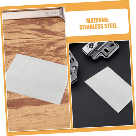 4 Pack Stainless Steel Screen Mesh For Bumper Repair, showing fine mesh in two views on wood and black surface.