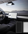 Tesla Model 3 And Y HEPA Cabin Air Filter 2 Pack PM25 Activated Carbon Replacement in car interior view with touchscreen display.