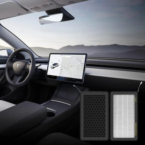 Tesla Model 3 And Y HEPA Cabin Air Filter 2 Pack PM25 Activated Carbon Replacement in car interior view with touchscreen display.