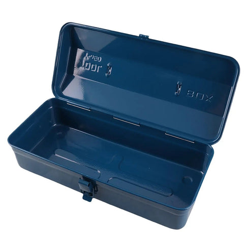 Heavy Duty Iron Toolbox With Extended Telescopic Handle Built Tough For Working Crews And Weekend Home Repair Tasks Blue Metallic Storage Container open view showing interior space
