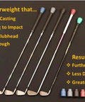 14oz Counterweight Swing Training Aid For Standard Golf Grips with clubs illustrating benefits like lag and consistency