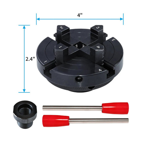 4 Inch Wood Lathe Chuck Set With Pro Grade Self Centering 4 Jaw Chuck, 1 Inch 8 TPI and three quarter inch 16 TPI adapters, wrenches shown