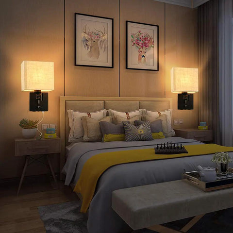 Bedroom with Plug In Wall Sconce With 2 USB Ports, Dimmable Swing Arm, 7 Inch Fabric Linen Shade, space-saving cozy lighting.