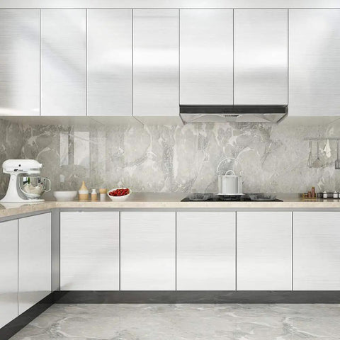 Modern kitchen using Removable Peel And Stick Silver Stainless Steel Look Contact Paper For Metal Surfaces Waterproof And Rust Resistant