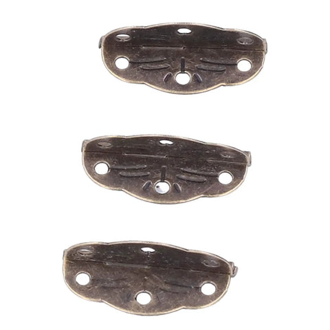 Three 100 Pack Bronze Finish Mini Box Hinges For Wooden Jewelry Boxes, Doll Houses, And Small Cabinets arranged vertically.
