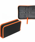 Vertical Tool Organizer Bag For Workbench Red Oxford Cloth Caddy with open top slots, shown closed and open.