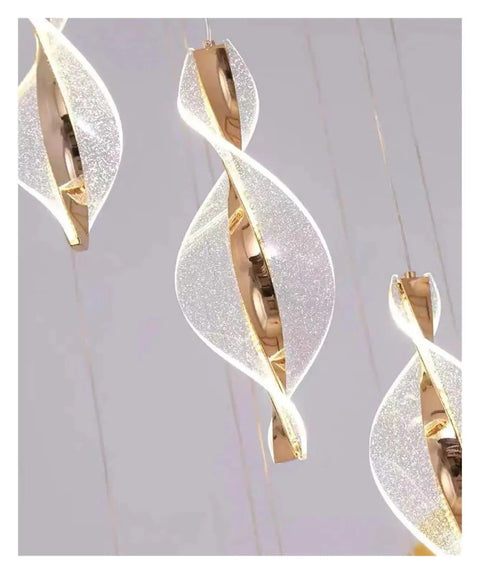 Close-up of Dope Modern Nordic Staircase Chandelier 12 heads, showcasing sleek gold and white spiral design with remote dimming.