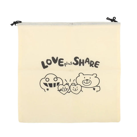 Cream drawstring bag with 'Love plus Share' text and cartoon bear, robot, and heart illustrations.