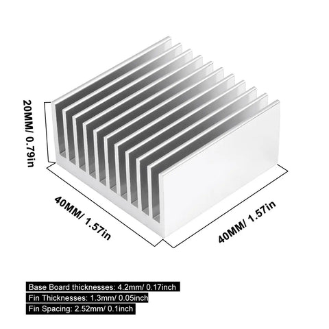 4 Pack Anodized Aluminum Heat Sinks 40 By 40 By 20mm Kit with 1.57 By 1.57 By 0.79 Inches fins for passive cooling, side view display.