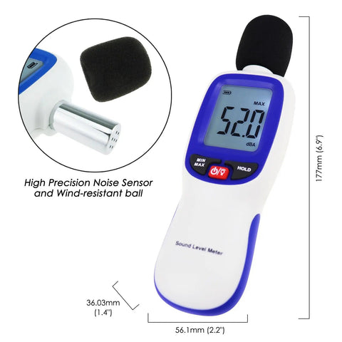 Wireless Sound Level Meter With App Data Logging Bluetooth, portable white and blue handheld decibel meter, 177mm x 56.1mm