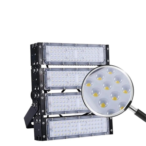 Heavy Duty Outdoor Flood Light Built Like A Tank For Stadium And Large Yards Featuring IP65 Waterproof Sealing and LED details.