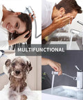 Bathroom Sink Faucet With Pull Out Sprayer And Rotating Spout Single Handle Basin Mixer Tap For Hot And Cold Water Built To Last Brass Construction Easy No Fuss Install Chrome Or White Finish, showing multifunctional use