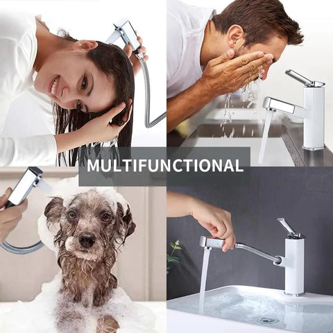 Bathroom Sink Faucet With Pull Out Sprayer And Rotating Spout Single Handle Basin Mixer Tap For Hot And Cold Water Built To Last Brass Construction Easy No Fuss Install Chrome Or White Finish, showing multifunctional use