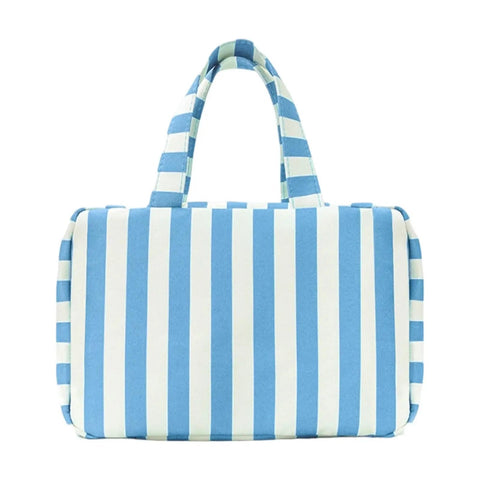 Striped blue and white Water Resistant Cosmetic Bag With Leak Proof Pockets, Compact Toiletry Carrier For College Dorm Life And On The Go Travel.