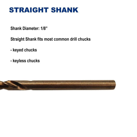 Twist drill bits, 12-pack, 1/8-inch M35 cobalt steel, straight-shank jobber length