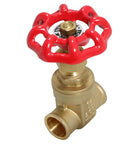 1/2 inch sweat gate valve with brass body and red wheel handle, front view