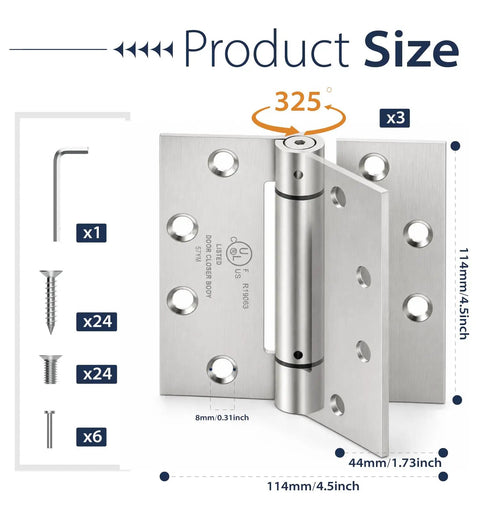 Self Closing Door Hinges 4.5 Inch Spring Hinges with Adjustable Tension 3 Pack, brushed nickel, showing angle and measurements.