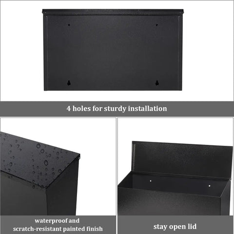 Stainless Steel Wall Mounted Mailbox With Key Lock Large Capacity Mailbox With Newspaper Compartment Rust Resistant Steel, rear view, installation holes