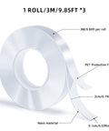 Nano Tape 3 Rolls Double Sided Adhesive Tape Transparent Traceless Sticky Tape Removable Washable Reusable For Carpets Photo Walls Offices Kitchens And More Nine Point Eight Five Feet Per Roll with size and features labeled