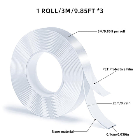 Nano Tape 3 Rolls Double Sided Adhesive Tape Transparent Traceless Sticky Tape Removable Washable Reusable For Carpets Photo Walls Offices Kitchens And More Nine Point Eight Five Feet Per Roll with size and features labeled