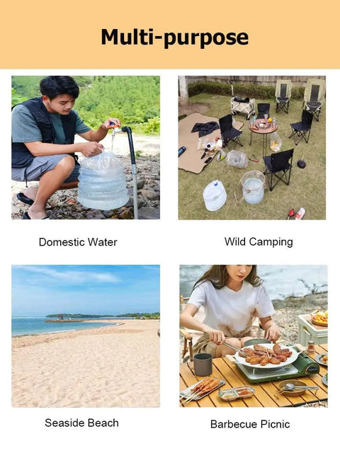 Foldable Water Storage Carrier Jug 3 To 15 Liter Collapsible Canister used in various outdoor activities like camping and picnic