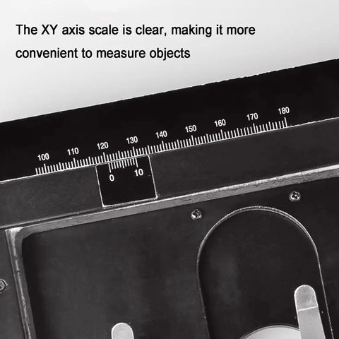 Manual Gliding Stage For Microscopes With XY Travel Pro Grade Slide Table showing clear measurement scale.