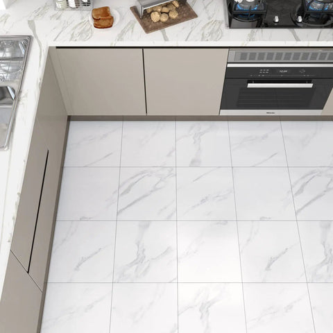 Kitchen scene with White Marble Peel And Stick Floor Tiles 12x12 Self Adhesive Waterproof Vinyl Flooring installed.
