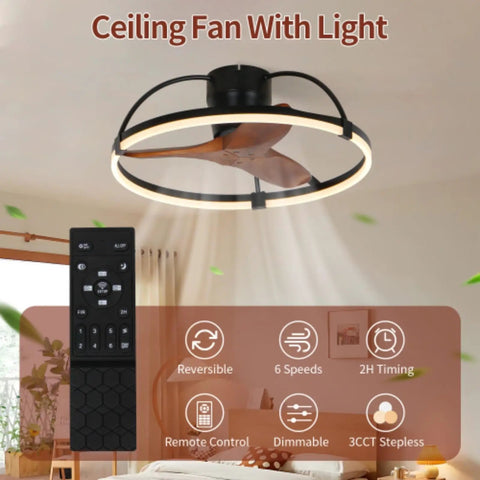 Nepal Solid Wood Flush-Mount Ceiling Fan with Light and Remote Control in modern room, showcasing wood blades and LED light.
