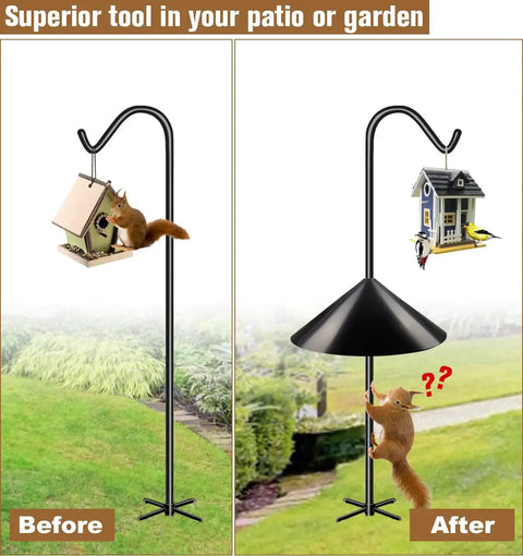 Before and after of Heavy Duty Squirrel Proof Bird Feeder Baffle 19 Inch Diameter Pole Mount Shield For Outdoor Use Keeps Squirrels Off And Protects Your Feeder On A Shepherds Hook in garden setting