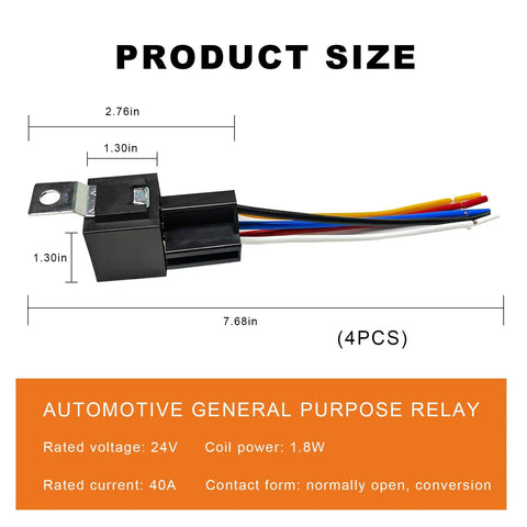 4 Pack JD2914 Car Relay Harness 24V 40 Amp 5 Pin SPDT with color labeled wires, product dimensions and specifications displayed