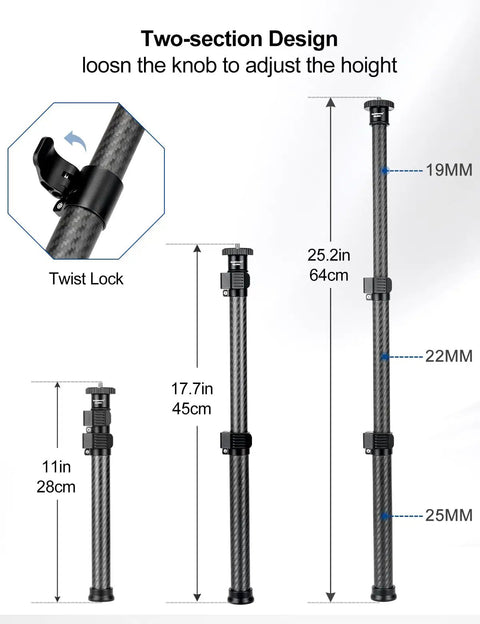 Lightweight Carbon Fiber Tripod Extension Pole Compatible With Dji And Zhiyun Gimbals 3 Section Extender, showing adjustable heights.