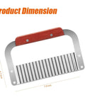 Front view of stainless steel crinkle cutter with wooden handle; 7.8-inch blade.