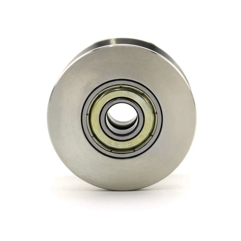 U Groove Stainless Steel Silent Pulley Heavy Duty 600 Pound Load, 1.89 Inch Wheel Diameter, 0.86 Inch Wheel Width, 10 Mm Bearing Hole, Pre-Greased for Ultra Smooth Operation, Works Great For Doors, Windows, And Track Systems. Front view of stainless U-groove pulley