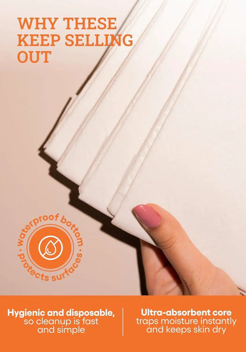 Serious Absorption Handles Every Mess, Waterproof Adult Bed Pads For Post Op Healing And Bbl Aftercare, Extra Large Chucks Shield Furniture, 24 By 35 Inches With Forty Disposable Quilted Layers, showing stacked white pads.
