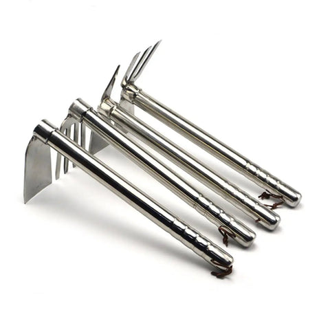 Four Two In One Stainless Steel Garden Hoe And Pickaxe Tool For Planting And Weeding, lightweight durable hand tools lined up