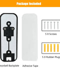 Package contents for Two Way Installation Backplate Mount For Blink Video Doorbell 2nd Gen showing backplate, adhesive tape, screws, and plugs.