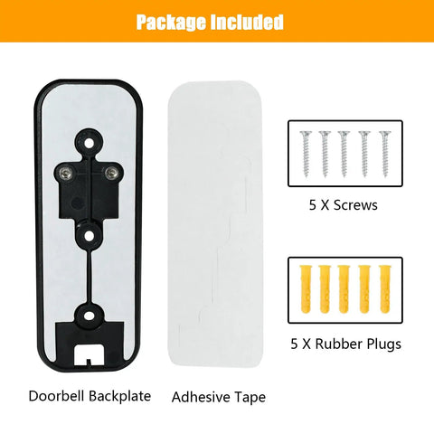 Package contents for Two Way Installation Backplate Mount For Blink Video Doorbell 2nd Gen showing backplate, adhesive tape, screws, and plugs.