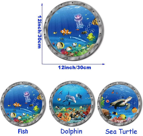 9 Piece Ocean Animals Wall Sticker Set with 3D look, featuring fish, dolphins, and turtles in a 12-inch diameter round vinyl decal.