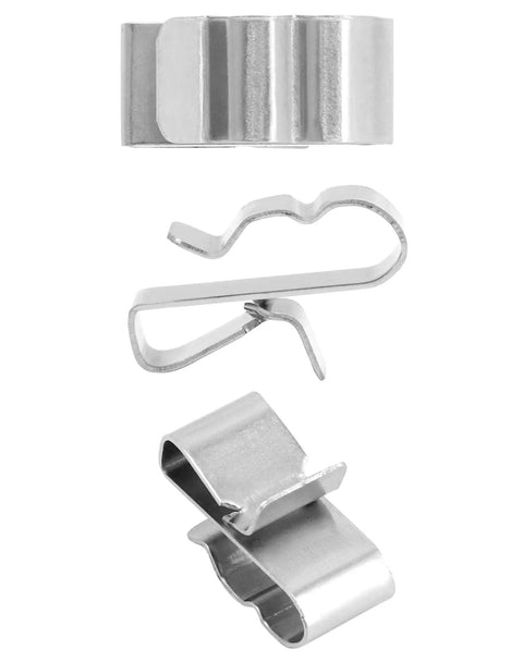 Premium Built Tough 100 Piece 304 Stainless Steel Solar Panel Clips grouped, showing varied designs for cable clamping use.