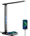 LED Desk Lamp With Wireless Charger And USB Port, Touch Control Table Lamp With Clock Date Temperature Alarm And LCD Display, Black Office Light For Home Office And Study