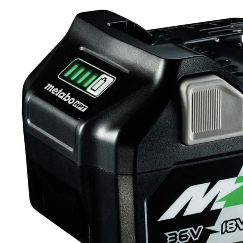 Close-up of lithium battery from 36V Cordless Half Inch Mid-Torque Impact Wrench Kit with battery indicator.