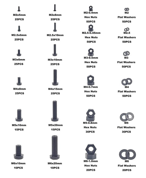 750 Piece Metric Nylon Screws Assortment Kit in Black with Phillips Pan Head Screws M2 Through M6 Hex Nuts and Flat Washers PA66