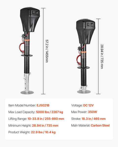 Two black VEVOR electric trailer jacks shown in front and side views; carbon steel, 12V DC, 5000 lb capacity.