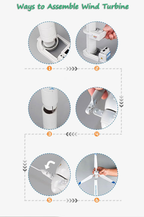 Steps to assemble the 2 In 1 Wind Turbine And Platform Trailer Playset, showing hands connecting turbine parts and components.