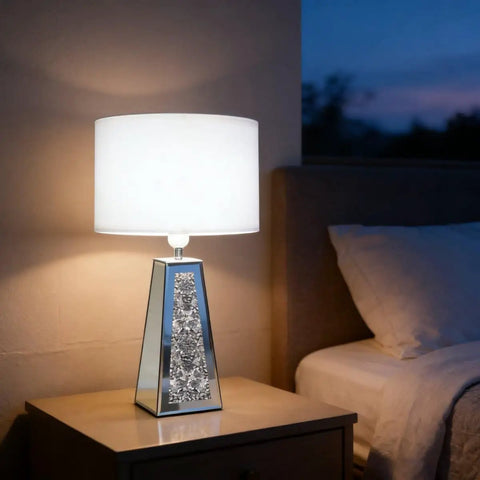 Led Mirrored Table Lamp With Heart Shaped Crystal Diamond Silver Base And Beige Linen Rectangular Shade 24.4 Inch Height For Living Room Bedroom Nightstand Office Modern Art Home Decor on nightstand.